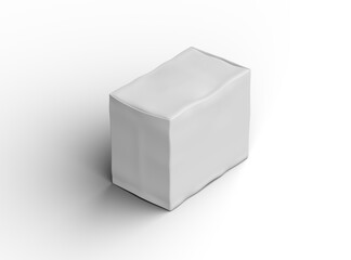 Rendered image of a small white rectangular dented box on a light background