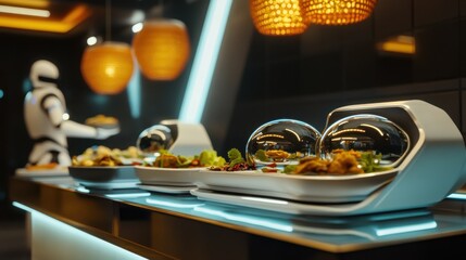 A futuristic restaurant with robotic waiters serving gourmet dishes