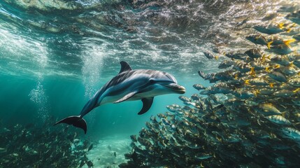 Obraz premium Dolphin Swimming Among School of Fish in Clear Ocean Waters