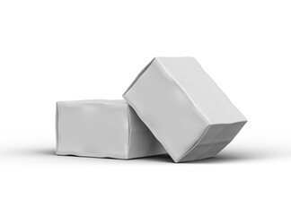 Rendered image of a small white rectangular dented box on a light background