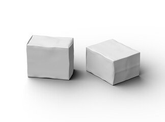 Rendered image of a small white rectangular dented box on a light background