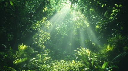 A dense Amazon rainforest, with sunlight shining through dense leaves, casting faint shadows on the ground. Surrealing cinematic lighting and vivid green tones.