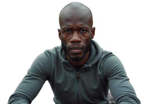 Focused man in gray hoodie sitting against an isolated white background showcasing a strong expression and serious demeanor - Powered by Adobe