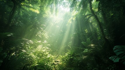 Obraz premium A dense Amazon rainforest, with sunlight shining through dense leaves, casting faint shadows on the ground. Surrealing cinematic lighting and vivid green tones.
