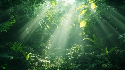 Fototapeta premium A dense Amazon rainforest, with sunlight shining through dense leaves, casting faint shadows on the ground. Surrealing cinematic lighting and vivid green tones.