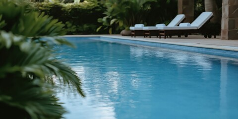 Fototapeta premium A luxurious pool with crisp water and plush loungers, surrounded by greenery, promises a serene escape.