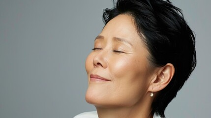 Serene Asian mature woman with short hair and closed eyes on gray background