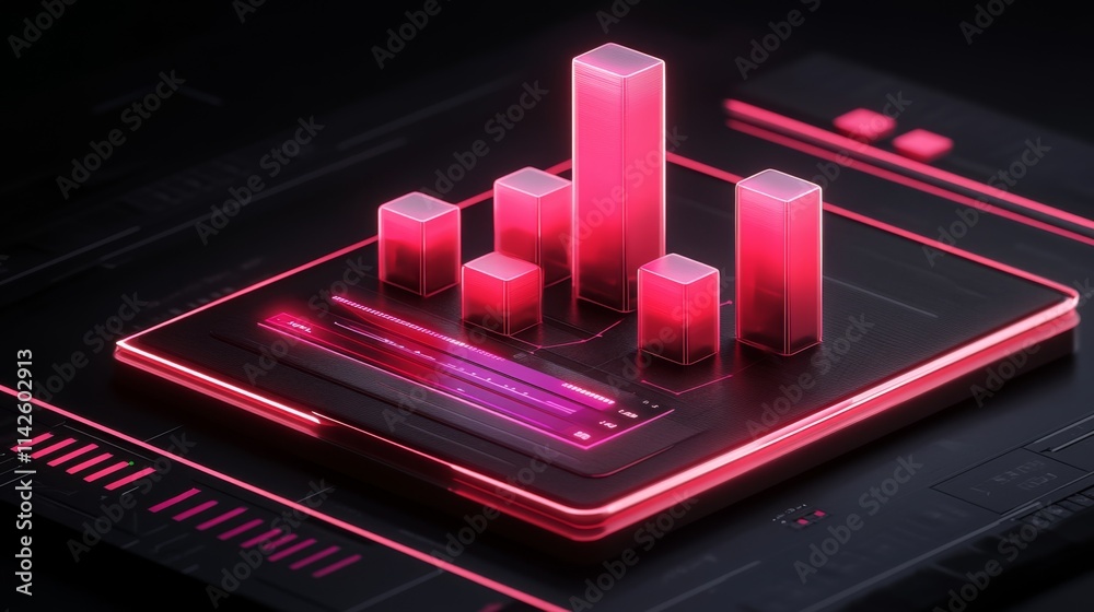Poster futuristic data visualization with neon bar graph and digital display