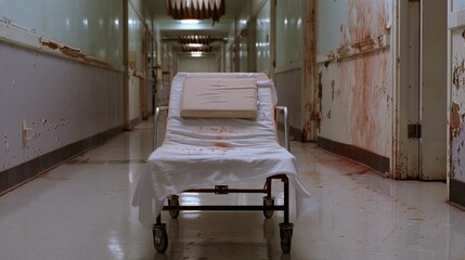 Abandoned hospital corridor with bloodstained gurney and grimy walls