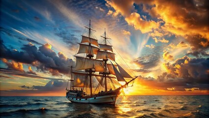 Obraz premium Fregatte Ship Sailing Ocean Sunset Golden Hour Rule of Thirds Photography