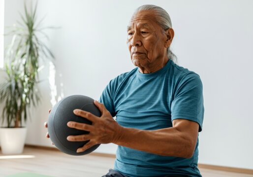 Elderly man exercising with medicine ball indoors for fitness