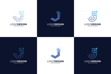 Collection Of Letter J logo design With Digital connection concept