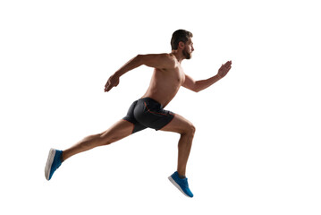 Muscular man running. Sportsman jogger running. Man sportsman running for exercise. Sport athlete man run. Runner at long sport run. Sportsman runner running isolated on white. Sport run workout