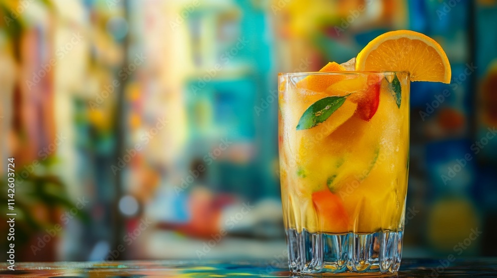 Poster refreshing citrus drink with fruits and herbs in a bright setting
