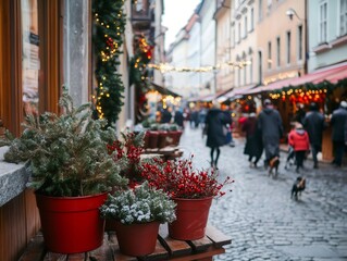 Red flower pots with christmas plants decorating a street with blurred people walking and christmas lights in the background