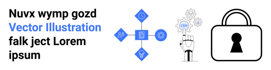 Network icons connected to a central cloud, a robotic hand with gears emphasizing automation and innovation, and a secure padlock. Ideal for technology, cybersecurity, automation, cloud computing