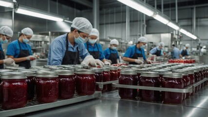 A group of factory workers in hairnets and face masks carefully fill jars with preserves on a production line. The scene is brightly lit, with rows of filled jars ready for packaging.