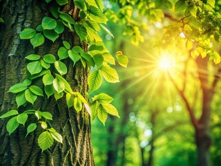 Naklejka premium Fresh Green Tree, Lush Foliage, Spring Tree, New Growth, Vibrant Leaves, Nature Photography, Outdoor Scene, Environmental Image, Botanical Image, Tree Background, Copy Space,