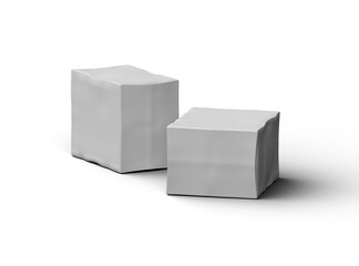 Rendered image of a small white rectangular dented box on a transparent background