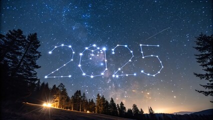 Naklejka premium Starlight 2025 New Year - Night sky, stars, constellations forming 2025, forest, hope, future, new beginnings