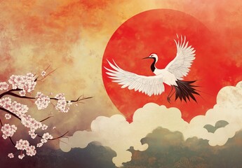 Abstract painting of a crane flying during sunset