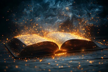 An old book open, emanating magical light and sparks.