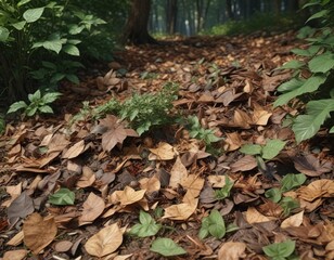 Fototapeta premium Wood chips mixed with leaves in the undergrowth, plant debris, environment