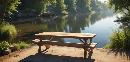 Wooden bench and table in a tranquil riverside setting, outdoor decor, peaceful corner, wildlife habitat, water's edge, scenic hideaway