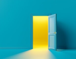 3d render, yellow light going through the open door isolated on blue background. Architectur 
