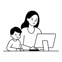 young mother with child working on the computer vector icon on white background