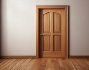 Closed wooden door in the empty room with copy space 