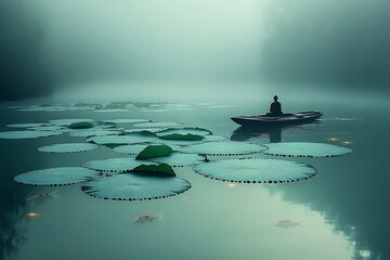 A serene morning scene with a meditating person on a boat amidst giant water lilies and koi fish in a misty lake.