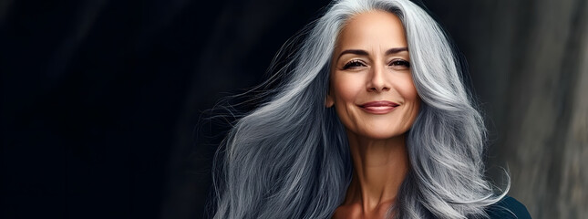 Naklejka premium happy mature woman with long gray hair, generative ai