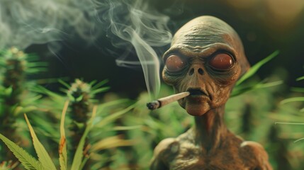 An alien smokes marijuana in fields with marijuana plantations