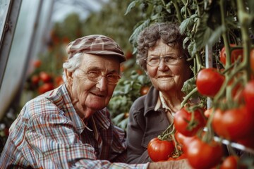 Grandparents work squatting in a greenhouse with red tomatoes 