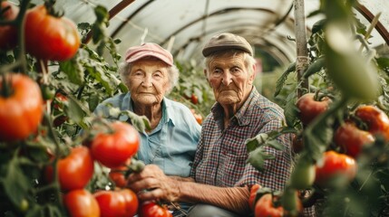 Grandparents work squatting in a greenhouse with red tomatoes 