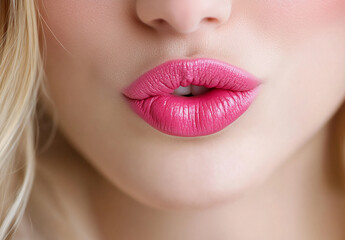 Fototapeta premium Close-up of vibrant pink lips highlighted against a soft background capturing beauty and elegance in detail