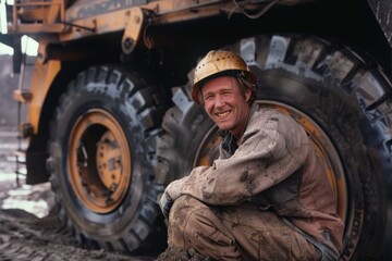 A smiling mechanic working under a huge mining truck