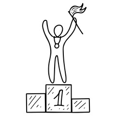 Man on winner's podium with gold medal. Hand drawn doodle illustration. First place. Victory in sports games. Award ceremony. Win. Vector line art.