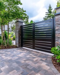 Modern Landscape Design Featuring Elegant Gate and Paver Pathway Surrounded by Lush Greenery and Natural Stone Elements for a Contemporary Home Entrance