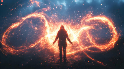 Obraz premium Fiery Infinity Illustration: A Person Amidst Swirling Flames