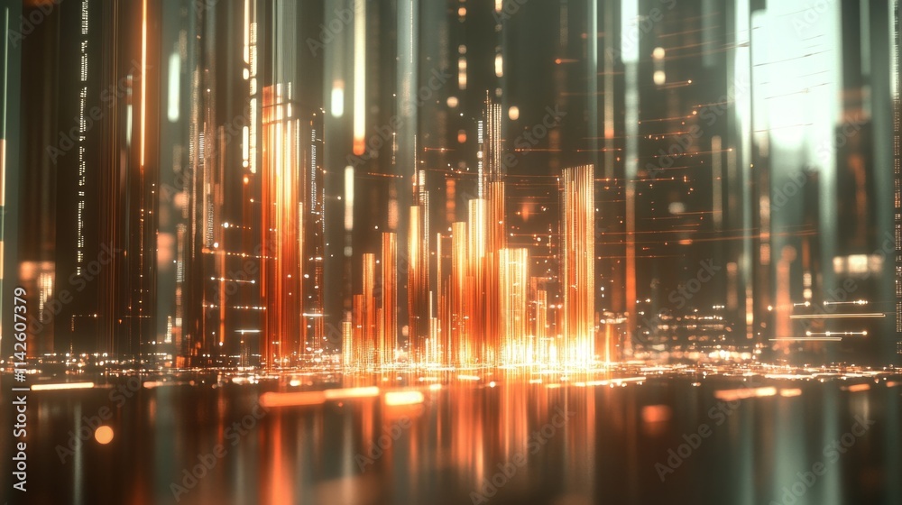 Poster futuristic digital cityscape with glowing data visualizations