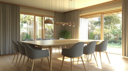 Modern dining room with large wooden table and grey chairs, sunlight streaming through large windows and curtains.