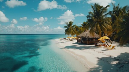 Tropical sandy beach with beach hut surrounded by palm trees