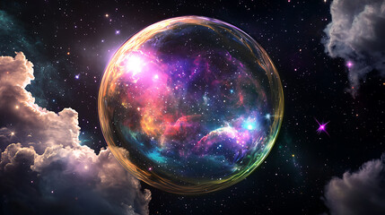 Naklejka premium Cosmic Nebula Encased in a Transparent Sphere