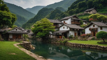 Fototapeta premium Serene Asian village nestled in lush green mountains. Traditional houses line a calm river, reflecting the tranquil atmosphere.