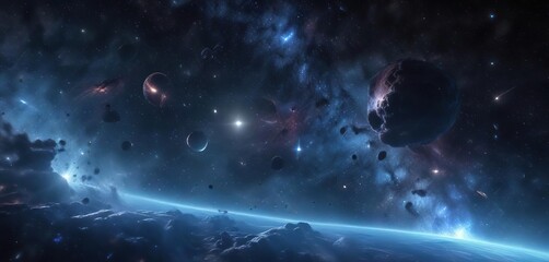 Obraz premium A deep space abstract blue background with bokeh featuring a nebula or galaxy, nebula, cosmic, art