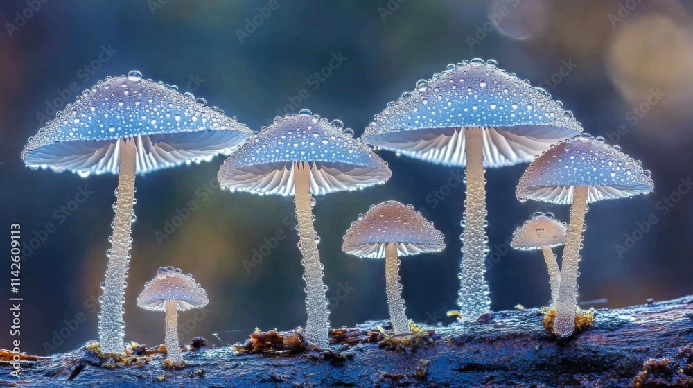 Poster delicate mushrooms covered in dewdrops in mystical forest setting
