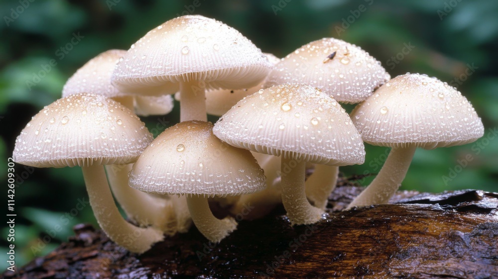 Poster close-up of delicate mushrooms with dew on wooden log