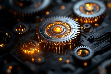 Intricate Glowing Gears: A Close-Up View of a Complex Mechanical System